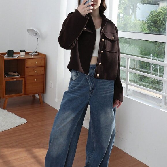 Brown Casual Women's Pockets detailed  Single button Jacket - Picture 5 of 11